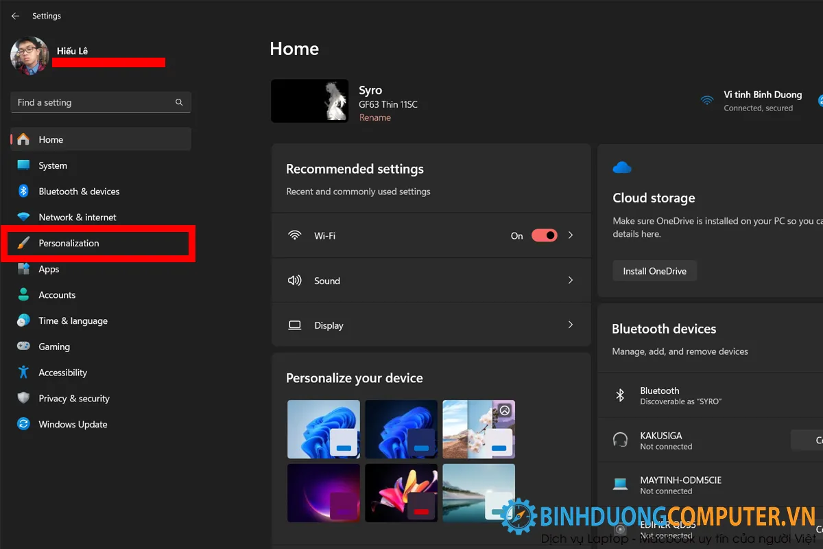 Truy cập vào thư mục Personalization