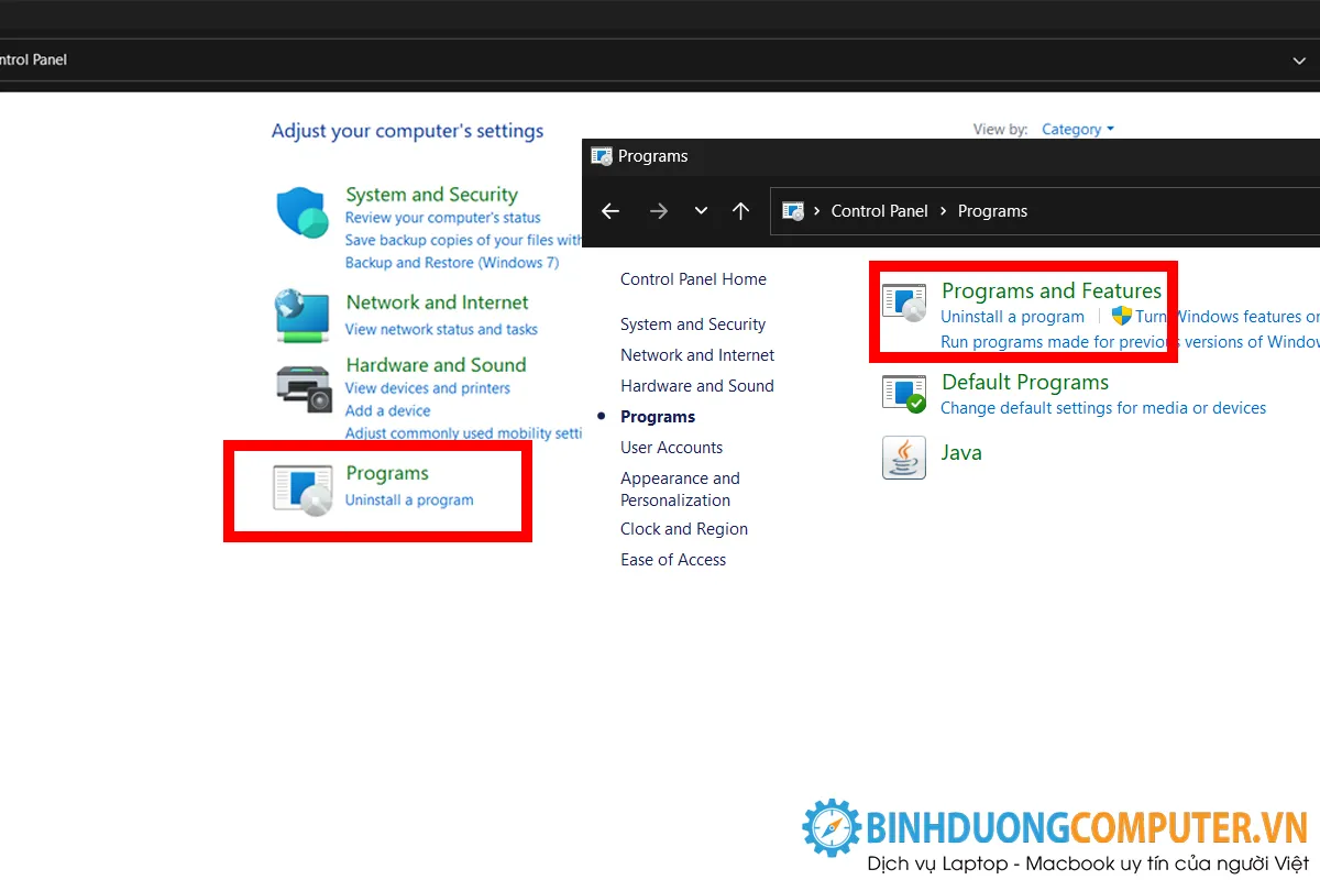 Tìm đến mục Programs và Features