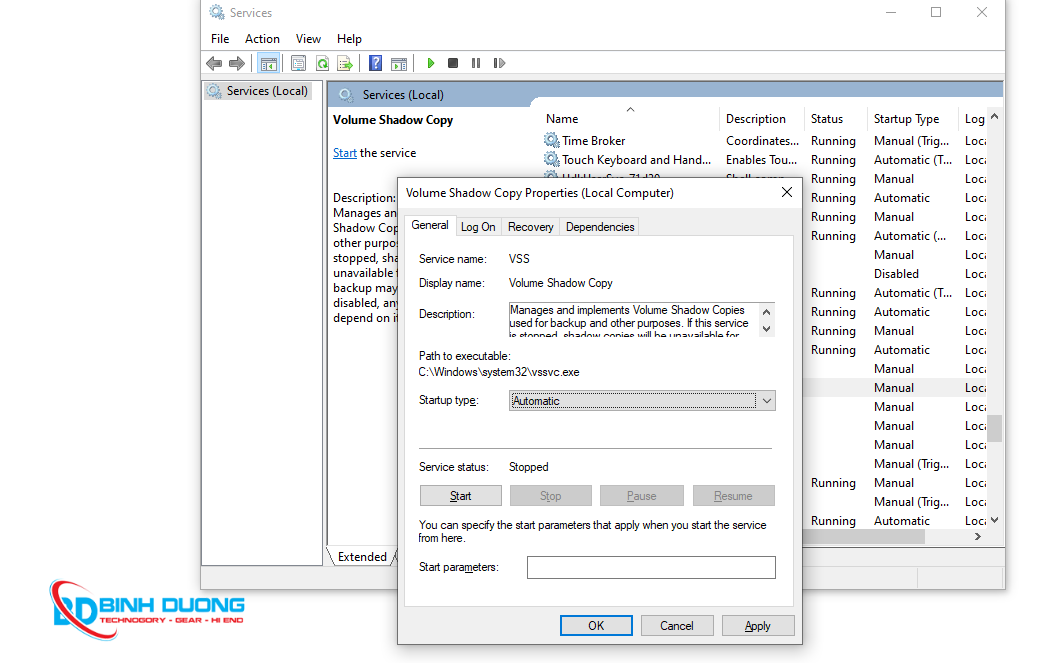 Khởi động lại service Volume Shadow Copy