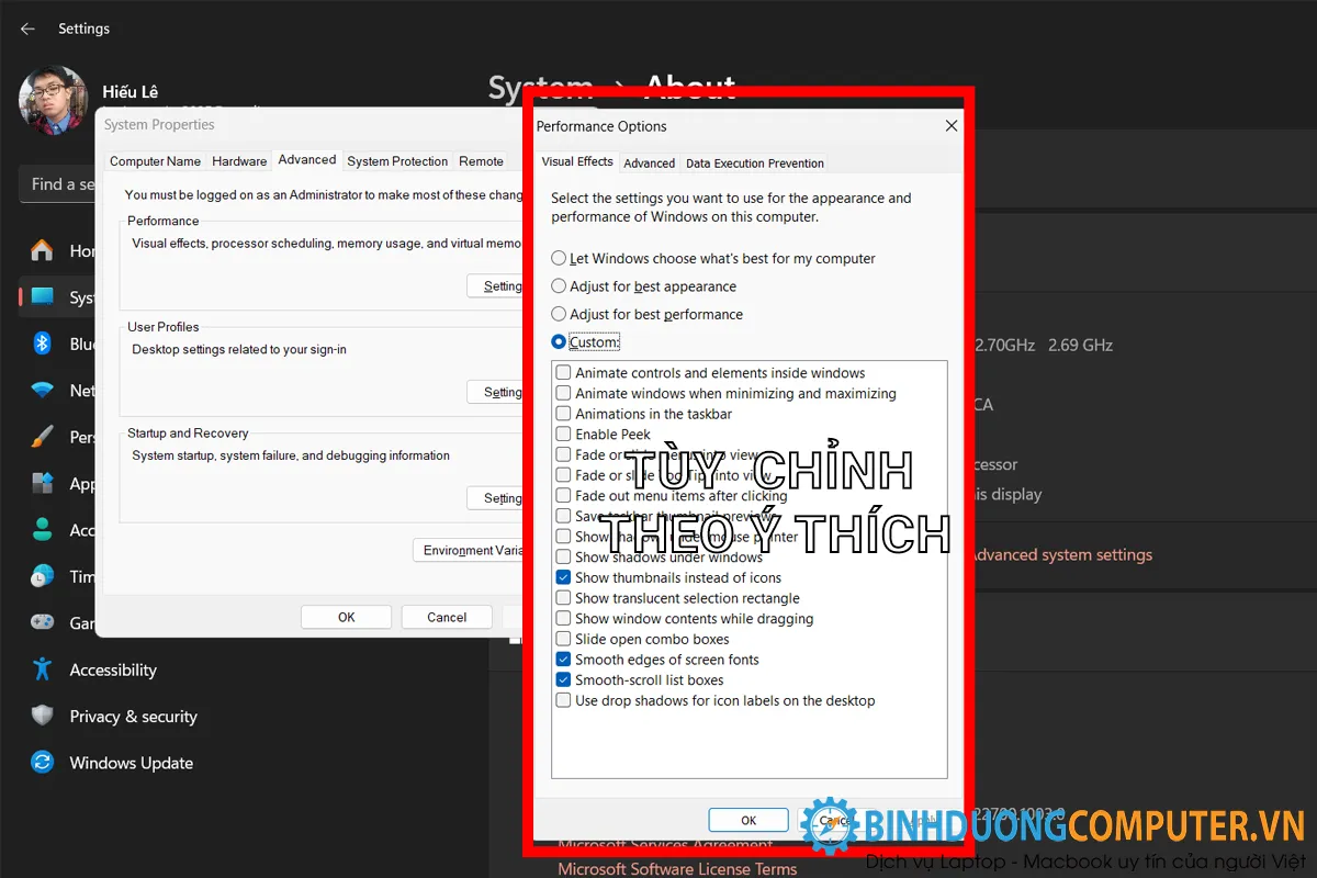 Chỉnh sửa giống trong hình để WIndows 11 mượt mà hơn