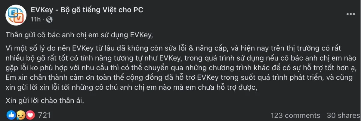 bài thông báo EVKEY chính thức