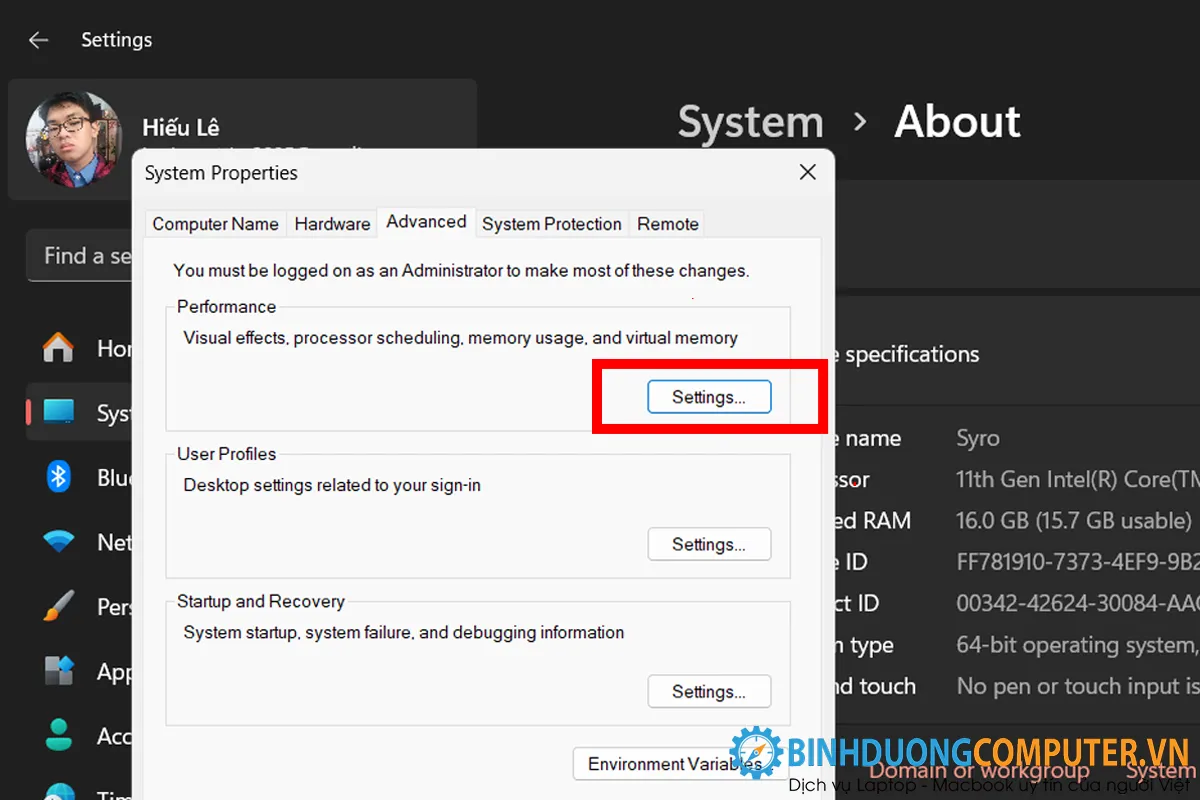 Chỉnh sửa mục Performance trên Settings