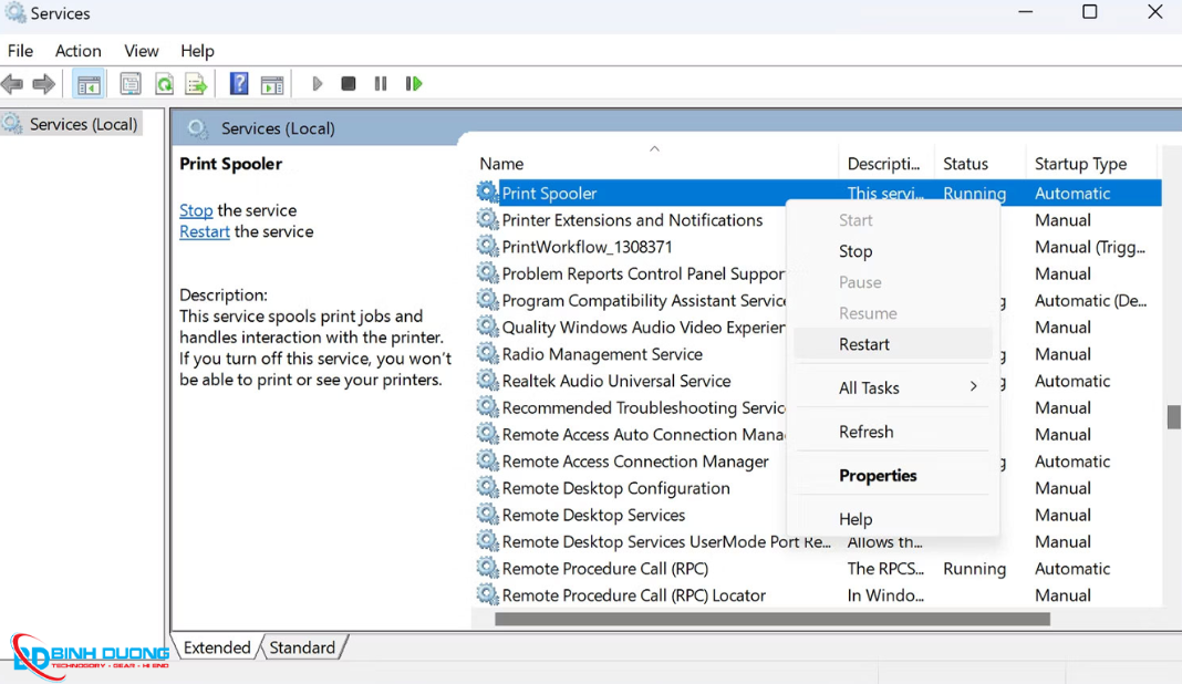 Khởi động lại dịch vụ Print Spooler
