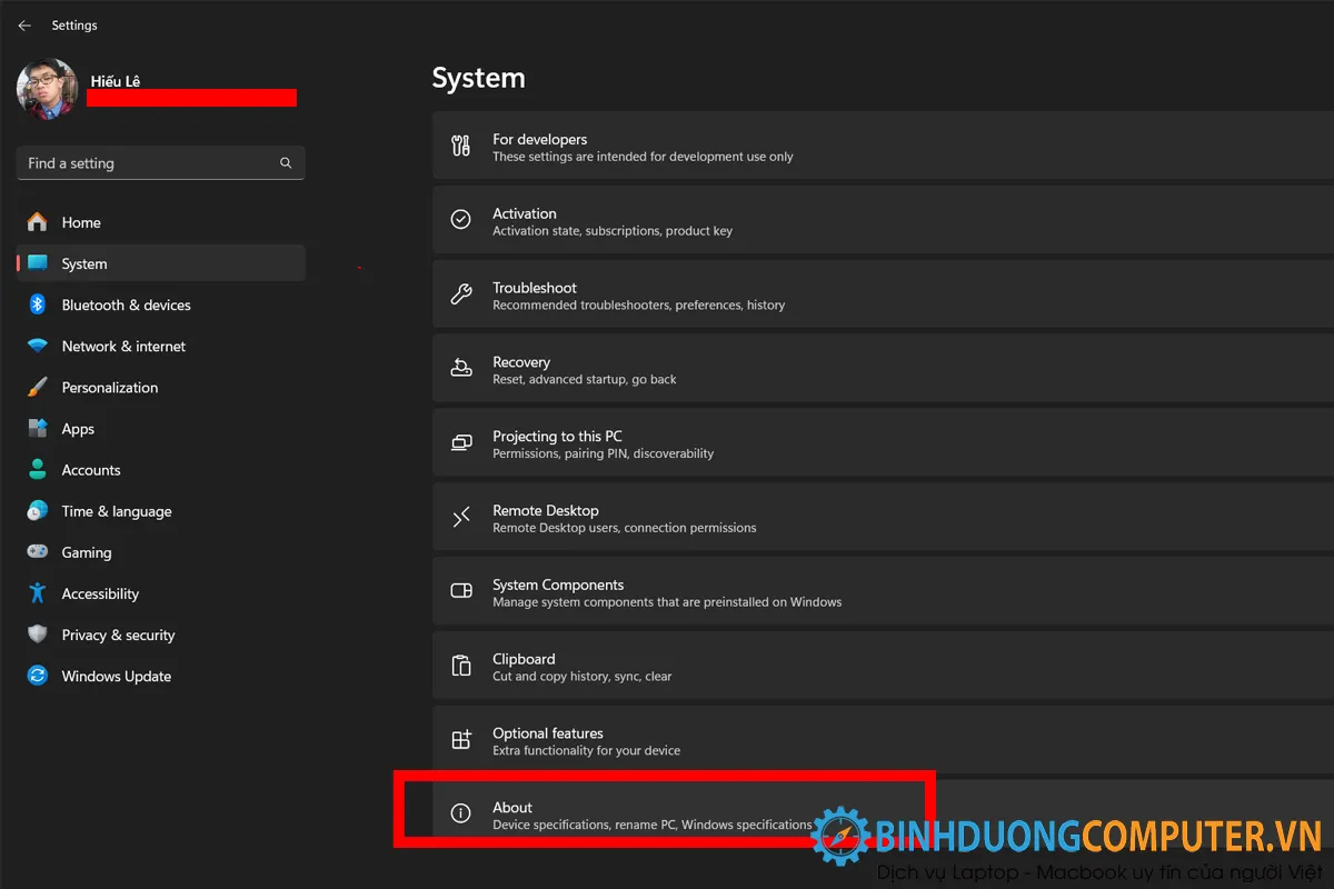 Truy cập vào About để xem thông tin máy