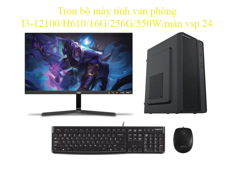 Tron bộ máy tính van phòng I3-12100-H610-16G-256G-550W-màn vsp 24 inch